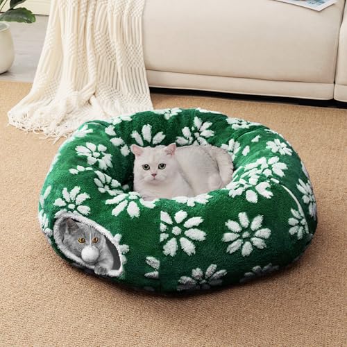 Image of Cat Tunnel for Indoor Cats, Cute Peekaboo Cat Cave with Dangling Balls, Pet Donut Tunnel Bed with Circle Mat for Puppy Kitten Rabbit, Green Flower