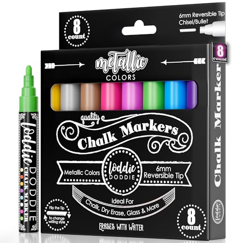 Loddie Doddie Metallic Liquid Chalk Markers for Chalkboard - 8 Count, 6mm Reversible Chisel & Bullet Tip - Erasable Chalk Pen - Metallic Chalkboard Markers - Chisel Tip Pens