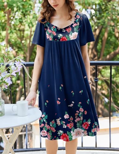 Image of Ekouaer Women's House Dress - Pleated Nightgown with Short Sleeves & Pockets