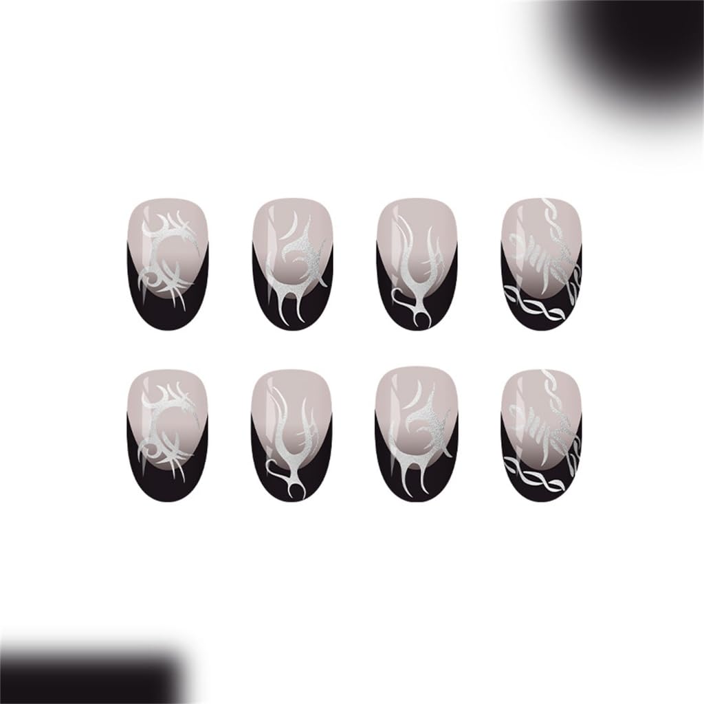 Bold Aesthetic Black French Tips Metallic Silver Edges Artificial Nails Easy Application 24Pieces