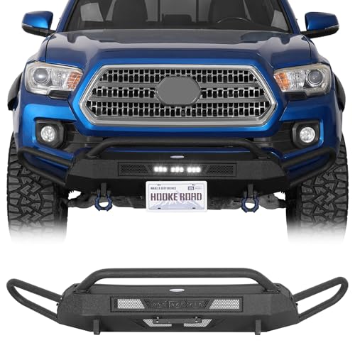 Hooke Road Tacoma Stubby Front Bumper w/Tube Bull Bar for 2016-2023 Toyota Tacoma 3rd Gen Pickup Offroad Steel Bumper Brush Grille Guard with LED Lights D-ring Mounts