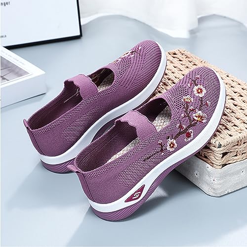 Helenbra Women'S Flower Embroidered Slip On Knitting Flat Loafers,Mary Jane Breathable Elastic Mesh Comfy Platform Non Slip Memory Foam Mom Walking Nurse Shoes Casual Walking Sneakers thumb #4