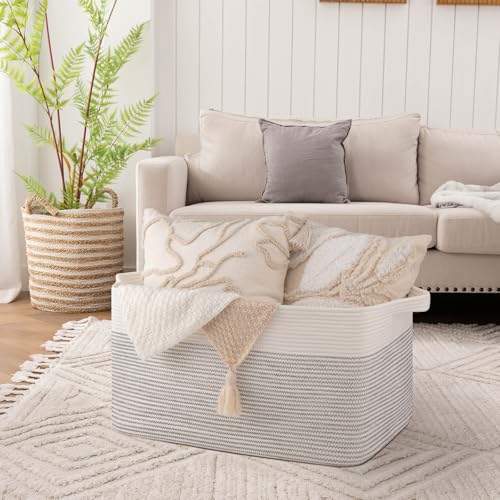 Image of OIAHOMY Extra Large Blanket Basket, 95L Cotton Rope Woven Laundry Basket, Toy Bin for Baby Room, Container for Blanket Storage in Living Room, 24''x17''x14'', Black & White