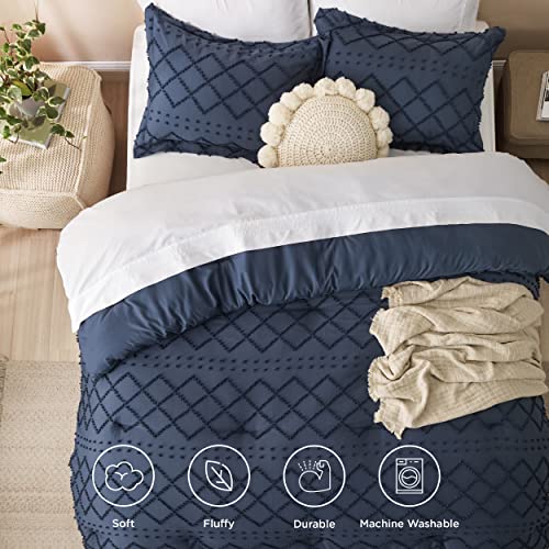 Image of Bedsure Full Comforter Set - Navy Blue Comforter, Boho Tufted Distressed Vintage Bedding for Kids, 3 Pieces Farmhouse-Style Bed Set for All Seasons, Fluffy Soft Bedding with 2 Pillow Shams