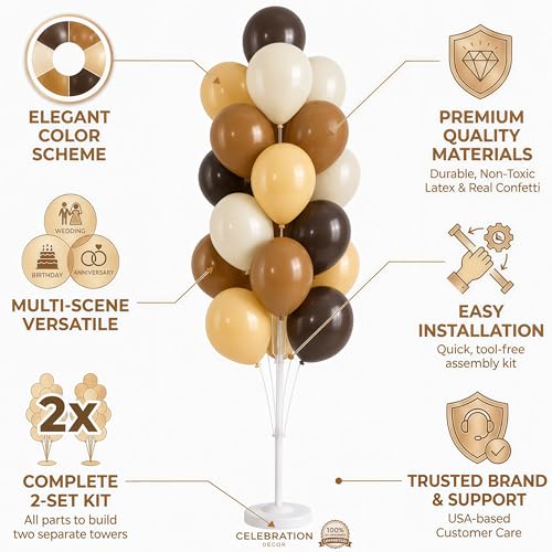 Image of Hiins Balloon Column Kit Set of 2 With Balloons Included - with Base,Pole,Balloon Tower Backdrop Decoration for Wedding, Baby Shower,Birthday Party,Bachelorette Parties (3xChocolate Brown)