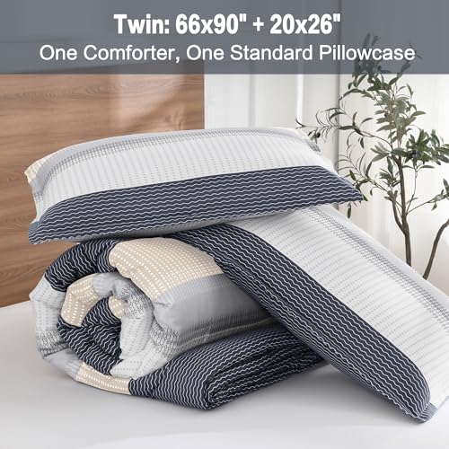 Litanika Comforter Set Twin/Twin XL Blue Yellow - 2 Pieces Lightweight Blue Yellow White Colorblock Stripe Fluffy Bedding Comforter Sets, All Season Bed Set