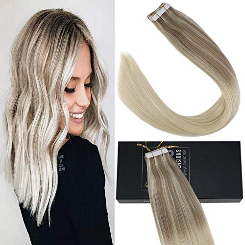 Sunny 14inch Tape in Hair Extensions Real Human Hair Ash Blonde Fading with Platinum BLonde Tape in Human Hair Extensions Balayage Blonde Hair Extensions 20pcs 50g