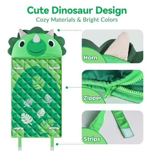 Image of iPlay, iLearn Kid Sleeping Bag, Dinosaur Slumber Sack, Toddler Boy Nap Mat, 2 in 1 Green Dinos Cushion Blanket, Happy Travel Sleepover Daycare Preschool Birthday Gift for 3 4 5 6 Years Old Child