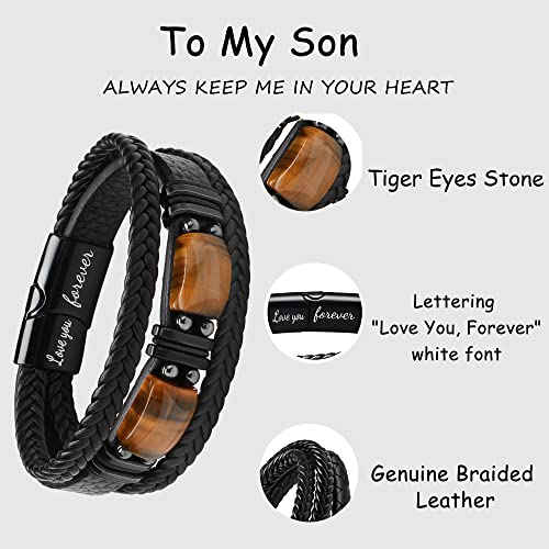 𝗚𝗶𝗳𝘁𝘀 𝗳𝗼𝗿 𝗠𝗲𝗻 𝗟𝗲𝗮𝘁𝗵𝗲𝗿 𝗕𝗿𝗮𝗰𝗲𝗹𝗲𝘁 With Tigers Eye, Anniversary Christmas Father's Day Birthday Gifts for Son Husband Grandson Boyfriend Brother Dad Love You Forever Bracelets for Men4