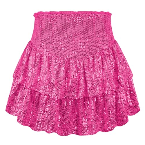 Womens Sequin Sparkly Glitter Mini Pleated High Waisted Tiered Ruffle Flowy Shiny Night Out Club Skirt with Underneath