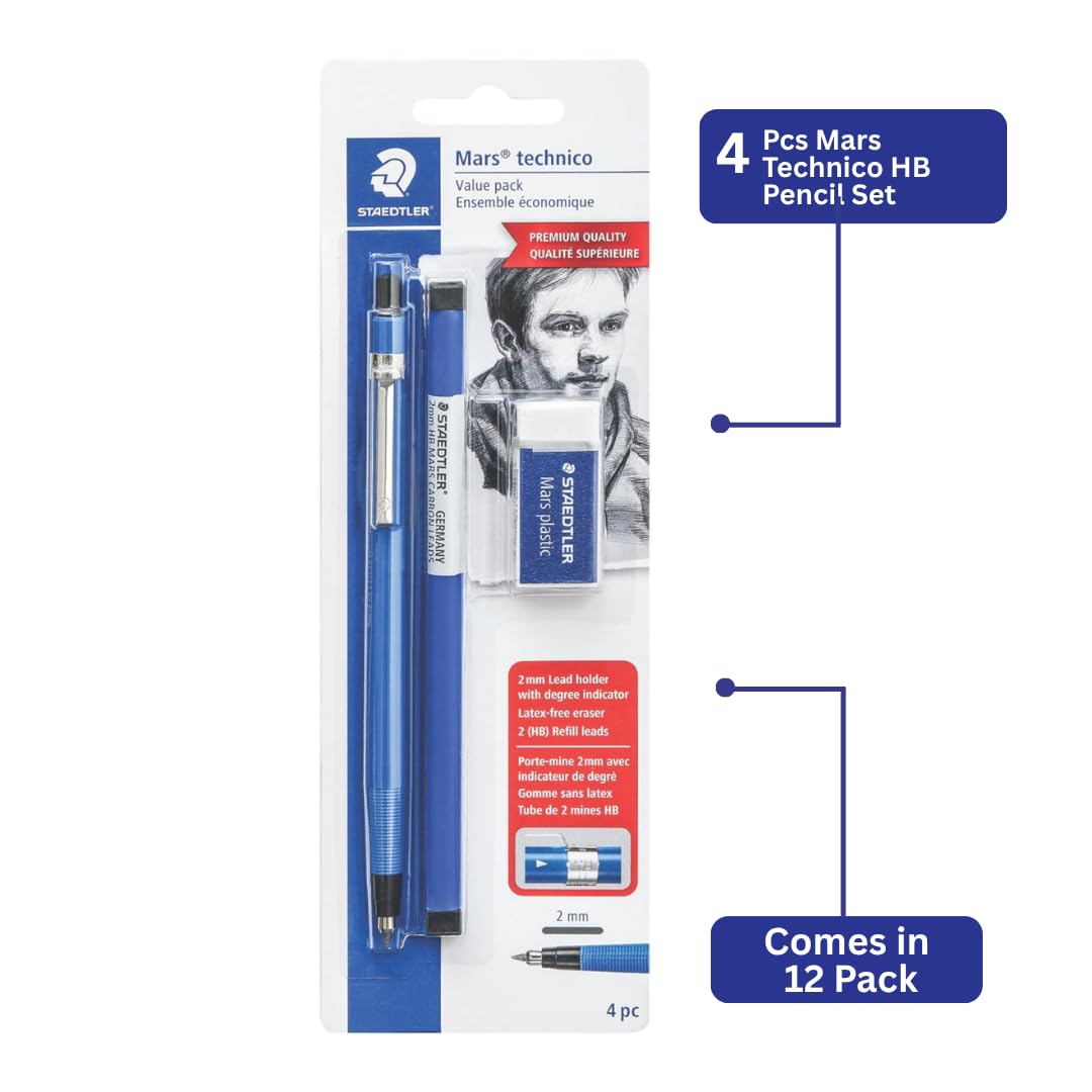 STAEDTLER Mars Technisches Druckbleistift-Set, Blau, 12 Stück | 1 Bleistift - 2 mm, 1 Radiergummi, 2 ea 2H Minen 4 Stück