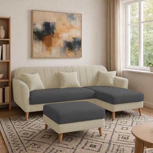 Image of Atticus RHS 4 Seater L Shape Sofa Set with Ottoman for Living Room (Cream Black Fabric) Premium Fabric Sofa Set
