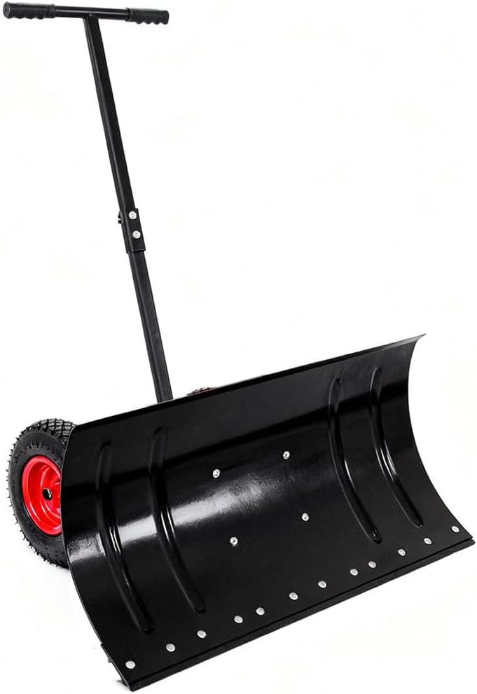 30" Heavy-Duty Metal Snow Pusher with Wheels, Adjustable Height & Angle Handle, Ergonomic Snow Shovel for Driveway, Sidewalk, Patio, and Pathway Snow Removal (Black)