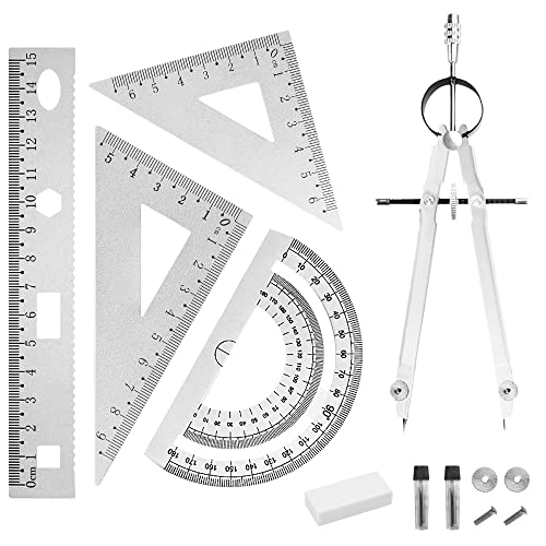YAANBUNB 6 Pcs Geometry Set Aluminum Alloy Ruler Set Geometry Compass Set Math Ruler Geometry Tool Set Including Ruler, Protractor, Compass and Eraser for School Student Teacher Architects Engineers