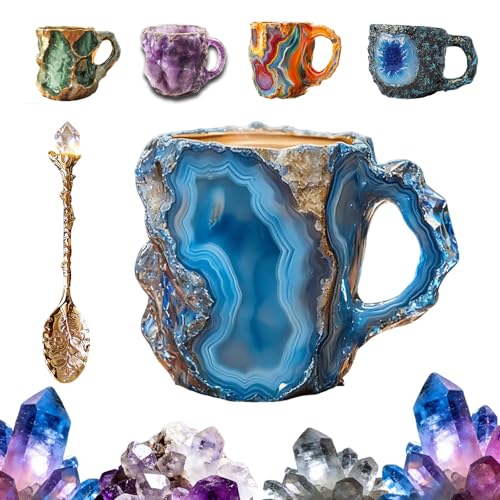 Mineral Crystal Coffee Mug – Resin Imitating Natural Agate Appearance, Modern Crystal Coffee Cup Set (Cup and Spoon), Durable & Dishwasher Safe for Daily Use & Gifting (Blue)