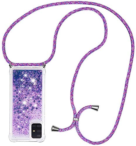 Collier pour Samsung Galaxy A51 5G Coque-Glitter Liquide Étincelle Étui,Glitter Paillette Brillante Quicksands Liquide Transparente Silicone TPU Case Housse,Collier avec Réglable Cordon Lanière Cover