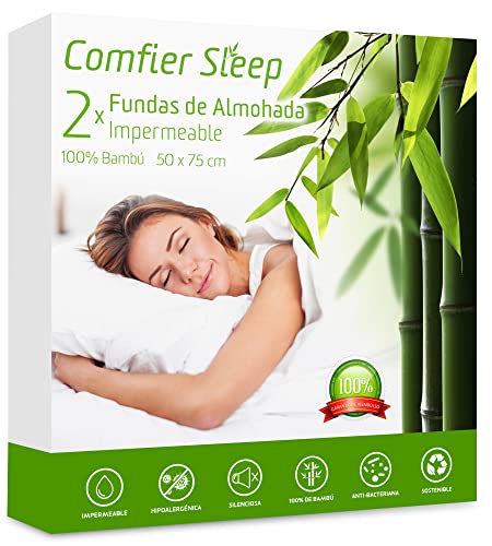 Protectores de Almohada Impermeables con Cremallera 50 x 75 cm, antialérgicos, 100 % bambú. Paquete de 2, adecuados para Almohadas de Lujo, Transpirable, Hipoalergénica, Anti-Acaros, Anti-Bacteriana