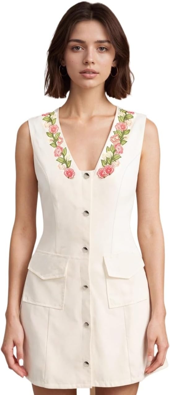 Thousand Gold White Single-Breasted Sleeveless Vest Dress Elegant Lady Waist Embroidered for Women