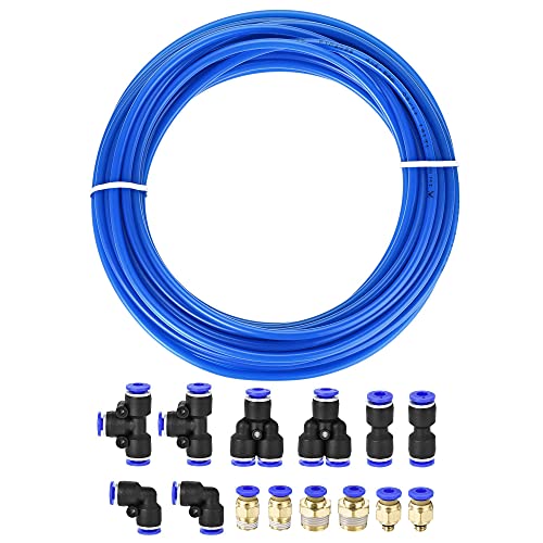 uxcell Pneumatic 4mm OD Polyurethane PU Air Hose Tubing Kit 10 Meters Blue with 14 Pcs Push to Connect Fittings