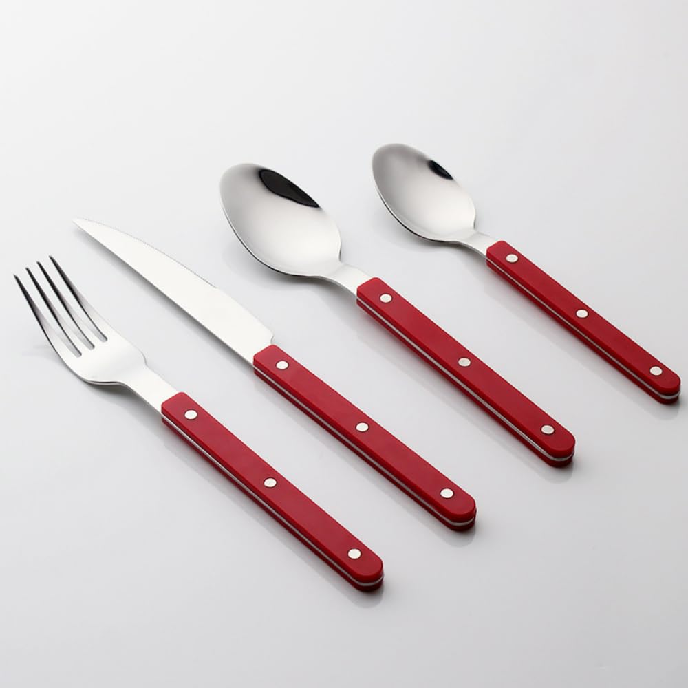 16 Pièces Pince Poignée Cuisine en Acier Inoxydable Argenterie Vaisselle Couverts Couteaux Fourchettes Cuillères Ensemble pour 4 Personnes Hôtel Maison Couteau À Steak Cuillère Dessert (Blanc)