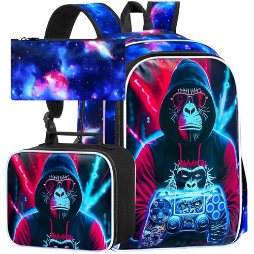 gxtvo 3PCS Game Backpack for Kids 17 Boys Gorilla Bookbag with Lunch Box Water Resistant Middle Elementary School Bag - Gaming Gorilla