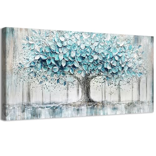 Azul Árbol de la Vida Marco de Madera Grande Cuadro Modernos Lienzo Pintura Gran Paisaje Panorámico Moderno Imagen Foto Cuadros Decorativos Salon Dormitorio Comedor Pasillo Cocina Hotel 50x100cm