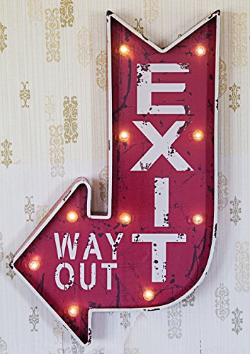 Metal Lighted LED, Red and White Exit Way Out Sign Wall Décor, Battery Operated