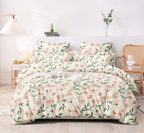 Image of DECOMIZER Super Soft Glace Cotton King Size AC Comforter II Blanket II Duvet for Double Bed with 1 Flat Bedsheet and 2 Pillow Cover - 4 Piece Comforter Set - Cream Floral-300 TC