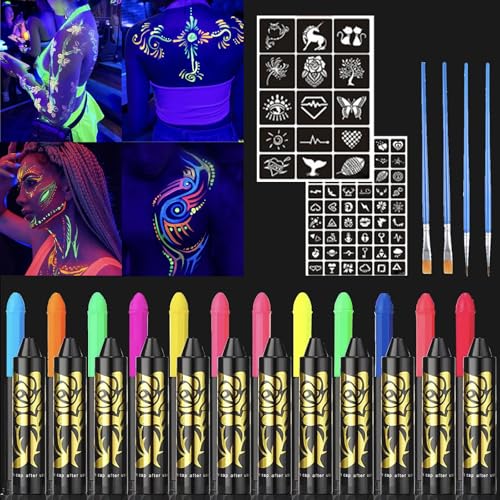 HISUNBEN Pintura De Cara De Neón Brillante UV,12Ceras Fluorescente De Color De La Cara, Lavable No Tóxico Cera Lápiz UV Neón Para Rostro y Cuerpo, Para Halloween, Mardi Gras, Fiesta De Disfraces