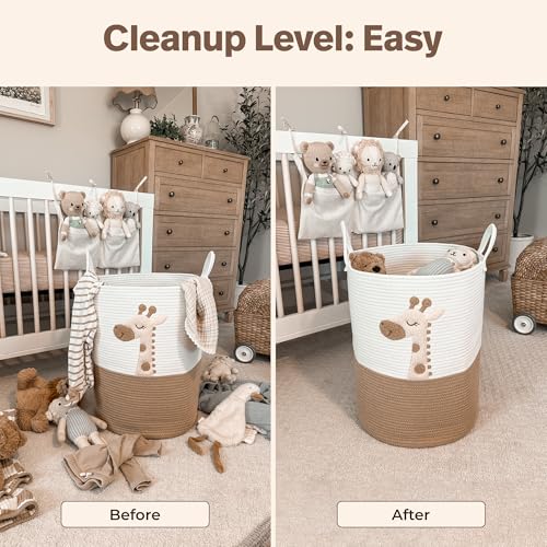 Image of Giraffe Baby Laundry Basket, Tall Woven Rope Nursery Hamper, 20x15 in | Baby Clothes Hamper, Blanket Basket, Toy Storage, Soft Felt Animal Patch, Safari Nursery Decor, Shower Gift, Kids Room