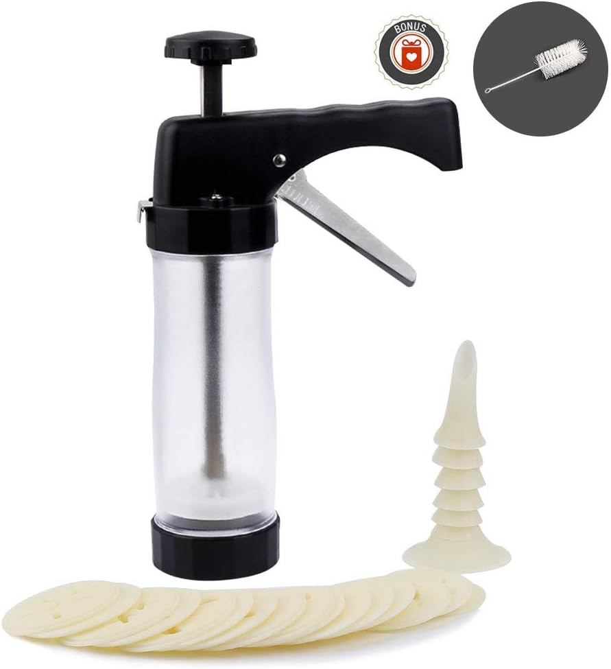 Clear Cookie Press Gun Kit Multifunctional DIY Biscuit Maker Decorating Set for Christmas Birthday Baking- Includes 16 Molds and 6 Nozzles (Black)