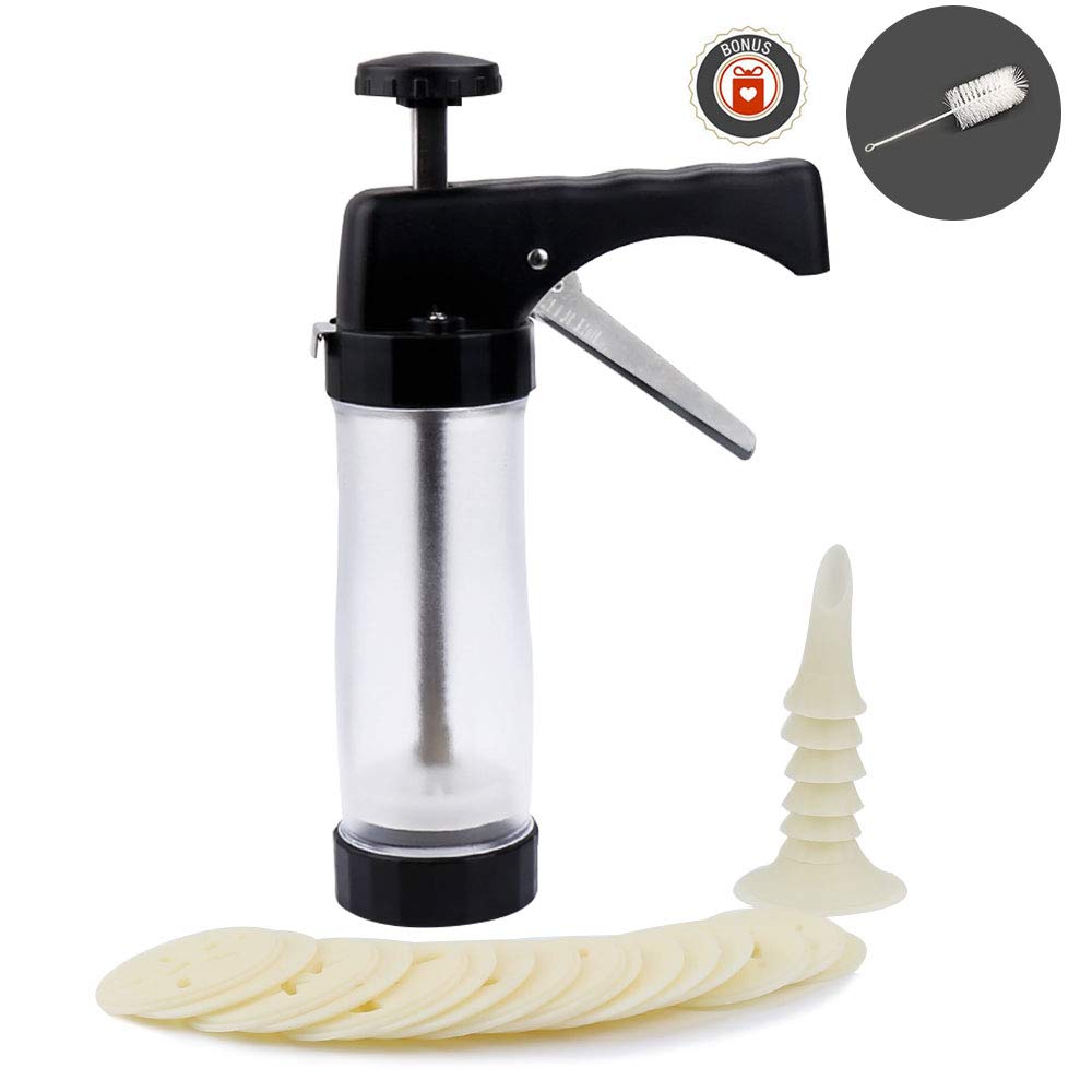 Clear Cookie Press Gun Kit Multifunctional DIY Biscuit Maker Decorating Set for Christmas Birthday Baking- Includes 16 Molds and 6 Nozzles (Black)
