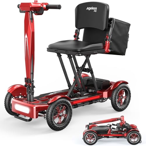 Image of Mobility Scooter Adults & Seniors, Red, 12AH Li-ion Battery | Carbon Fiber Lightweight, 15 Miles Range, Airline Approved, All-Terrain, 330lb Capacity, All-weather Cover