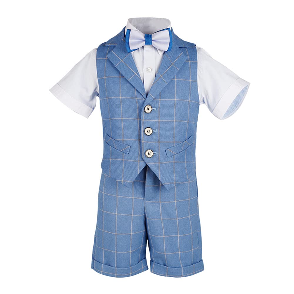 Traje Corto de Boda para Niños,Conjunto de Chaleco de Traje Azul a Cuadros para Bebé Niño Talla Grande Chicos Graduación Trajes Elegante Fiesta Bautizo Ceremonia Traje Formal de Caballero