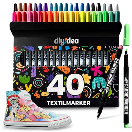 DIYIDEA Textilstifte 40 Farben Permanente Stoffmalstifte Waschfest & Ungiftig Textilmarker für T-Shirts Stofftaschen Schuhe & Kinder Basteln