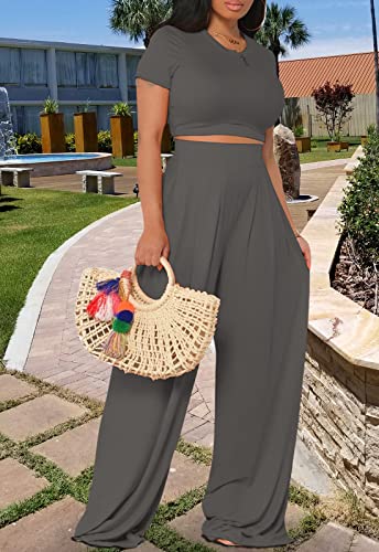 Image of Casual Summer 2 Piece Outfits for Women Crop Top High Waist Pants Sets