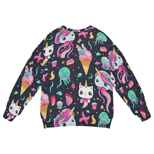 JUNZAN Rainbow unicorns Cartoon Cats Icecream Kids Girls Pullover Hoodie Crewneck Hoodies for Girls Camping 4T2