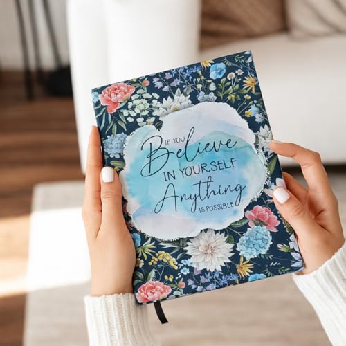 Image of Motivational A5 Hardcover Notebook Diary - Hardbound Journal with Daily & Monthly Planner, Undated Ruled Pages, Silk Ribbon Bookmark, Floral Quote Cover inchBelieve in Yourself inch, Writing Notebook for Women, Students & Office