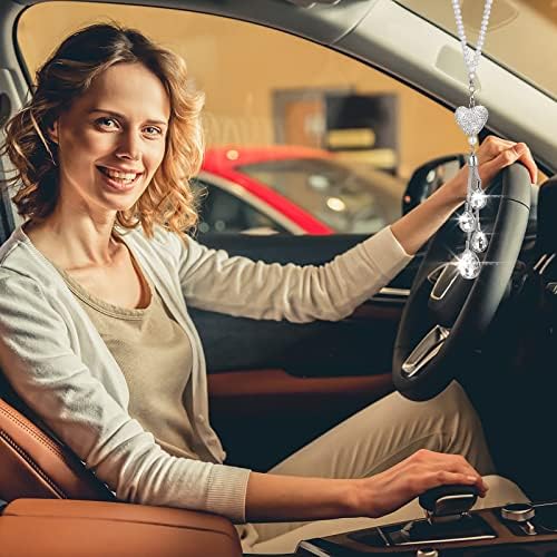 cobee Heart Diamond Car Hanging Bling Accessories, Crystal Car Rear View Mirror Charms Car Decoration Lucky Decor, Car Interior Hanging Pendant Charm Ornament Pendant for Women (White)