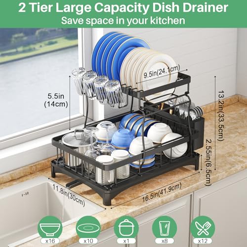 Image of SAYZH Detachable 2 Tier Dish Drainer and Drainboard Set, Large Capacity Organizer Shelf With Utensil Holder, Cup Rack for Kitchen Counter, Black