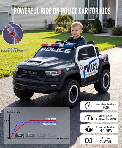 Image of 24V Ride on Police Car, 4WD Electric Kids Patrol Vehicle with Parental Remote Control, Flashing Lights, Siren, Megaphone, Bluetooth, Spring Suspension, 2-Seater Motorized Toy Truck for Kids