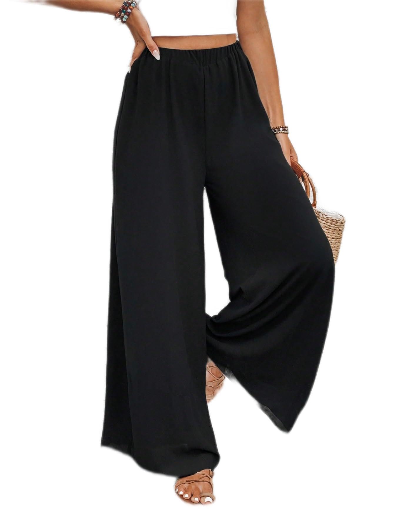 CLAIGH Pants for Women Solid Wide Leg Pants for Women High Waist Elastic Waist Long Loose Fit Non-Stretch
