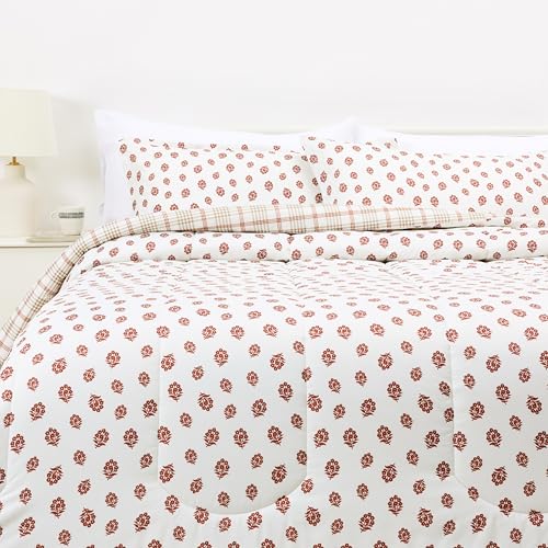 Image of Amazon Basics Lightweight Polyester Microfiber Comforter Set, 3-Pieces, Off White Floral, King