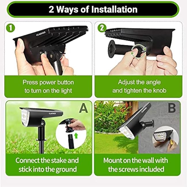 Claoner Solar Spot Lights 2-in-1 Flood Lights Landscape Spotlights Cold White 2 Pack