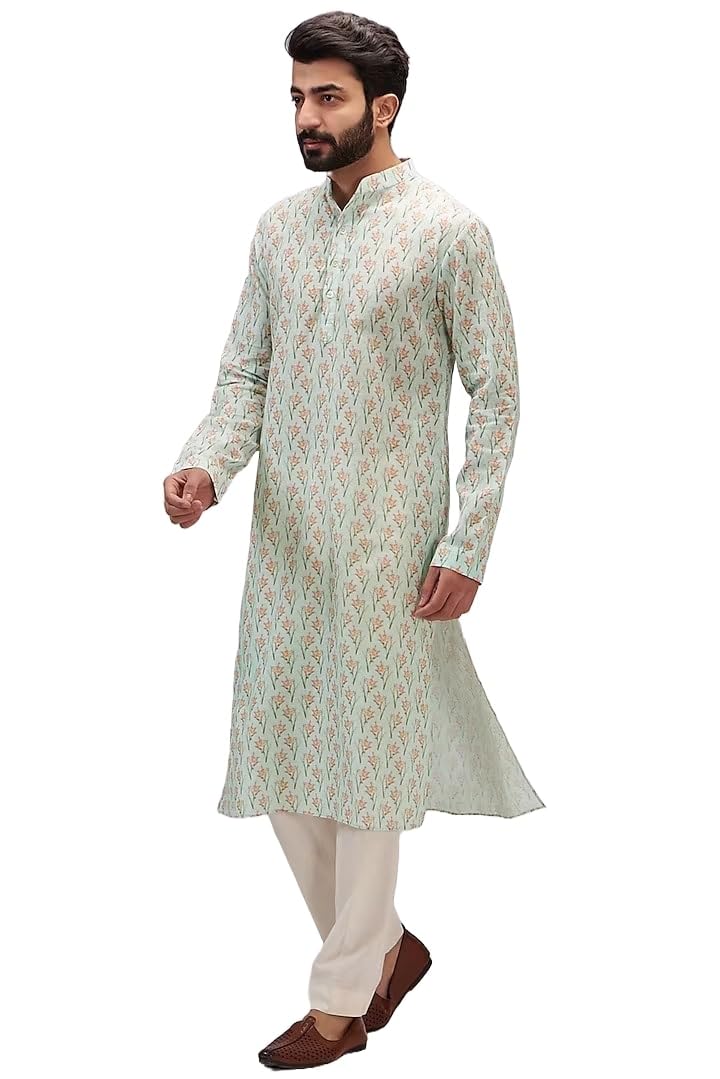 Lookmark Men's Cotton Blend Printed Long Kurta Suitable For All Indian Wedding, Occasions, And Festivals (Az-Lm-Og-Kurta 29-M) Green