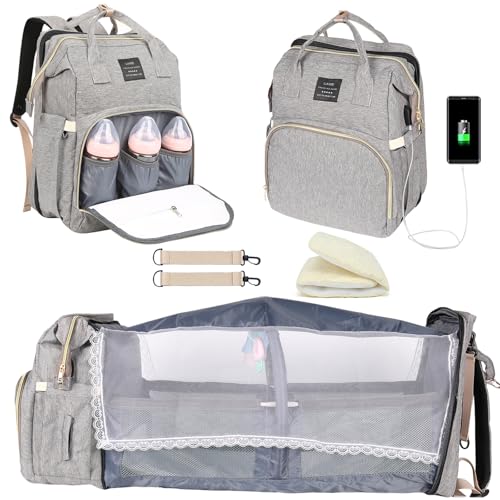 Image of Fwkekye Baby Diaper Bag Backpack with Changing Station | Baby Registry Search Shower Gifts, Baby Bags for Boy Girl, New Mom Gifts for Women, Large Capacity, USB Port, Gray