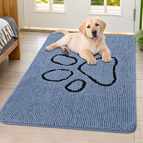 Image of Smiry Dog Door Mat for Muddy Paws, Absorbent Dirt Trapper Non Slip Quick Dry Washable Chenille Mat for Mud Dogs, Entry Rug for Indoor and Outdoor (40x32 Inches, Airy Blue and Black)