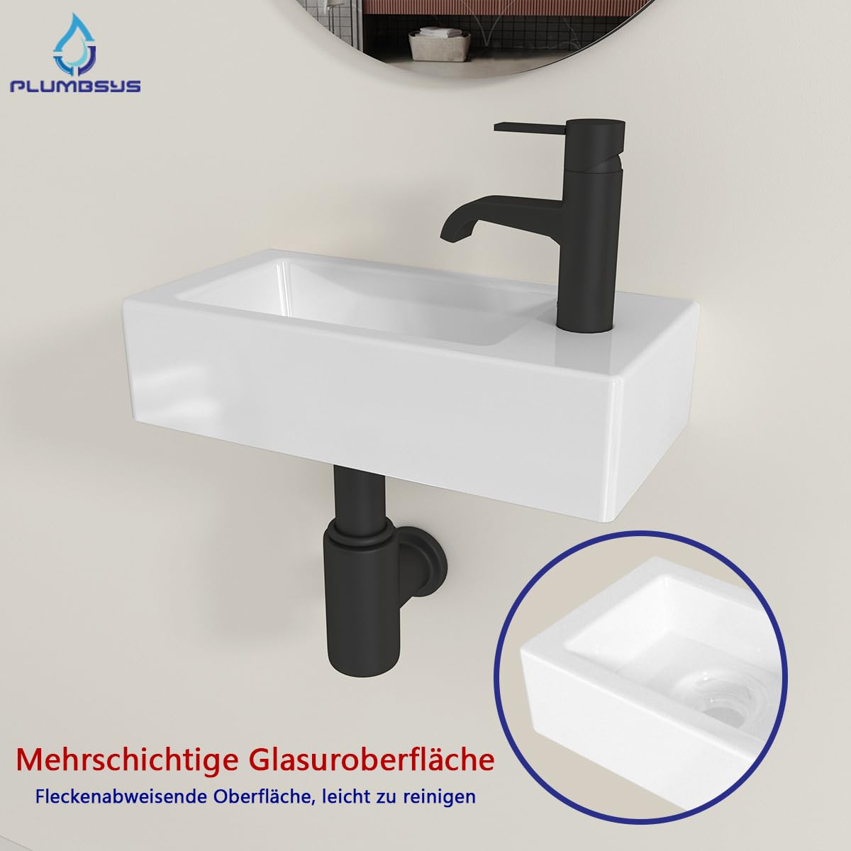 Lavabo Pequeño de Cerámica para Sobrepone o Suspender 36.5x18cm - Plato con Orificio para Grifo a la Derecha - Lavamanos Compacto para Baño, Aseo o Barco