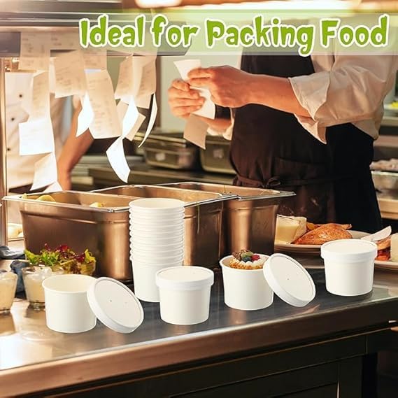 Image of [200 ml, 15 Count, White Disposable Bagasse Paper Container with Lid | Eco-Friendly Bowl /Tub for Picnic, Travel, Food Truck | Ideal for Both Hot & Cold Food