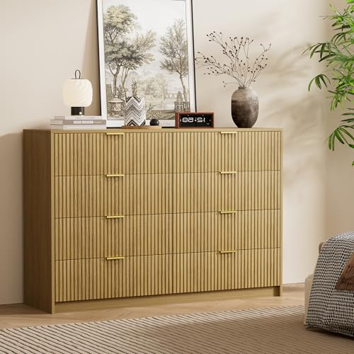 Image of Furniway Mid Century Modern Dresser for Bedroom, 8 Drawer Wood Dresser with Fluted Front, 55 inch Wide Chest of Drawers for Closet, Living Room, Hallway, Natural Oak